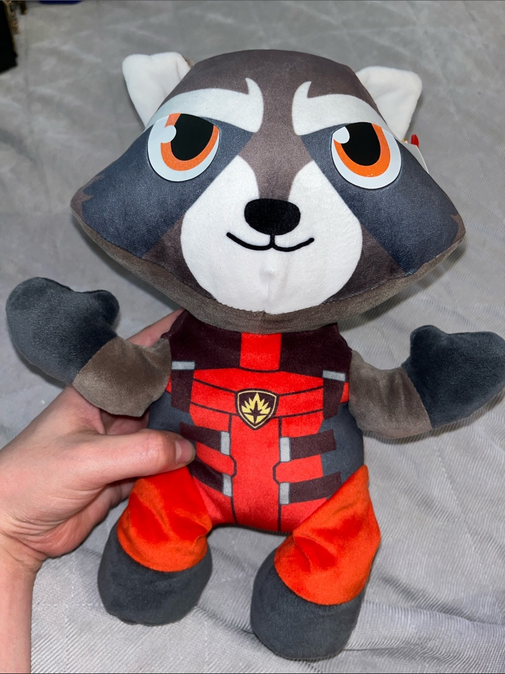 Gray and Red Plush Raccoon Hero Kids Toy - Soft Stuffed Animal